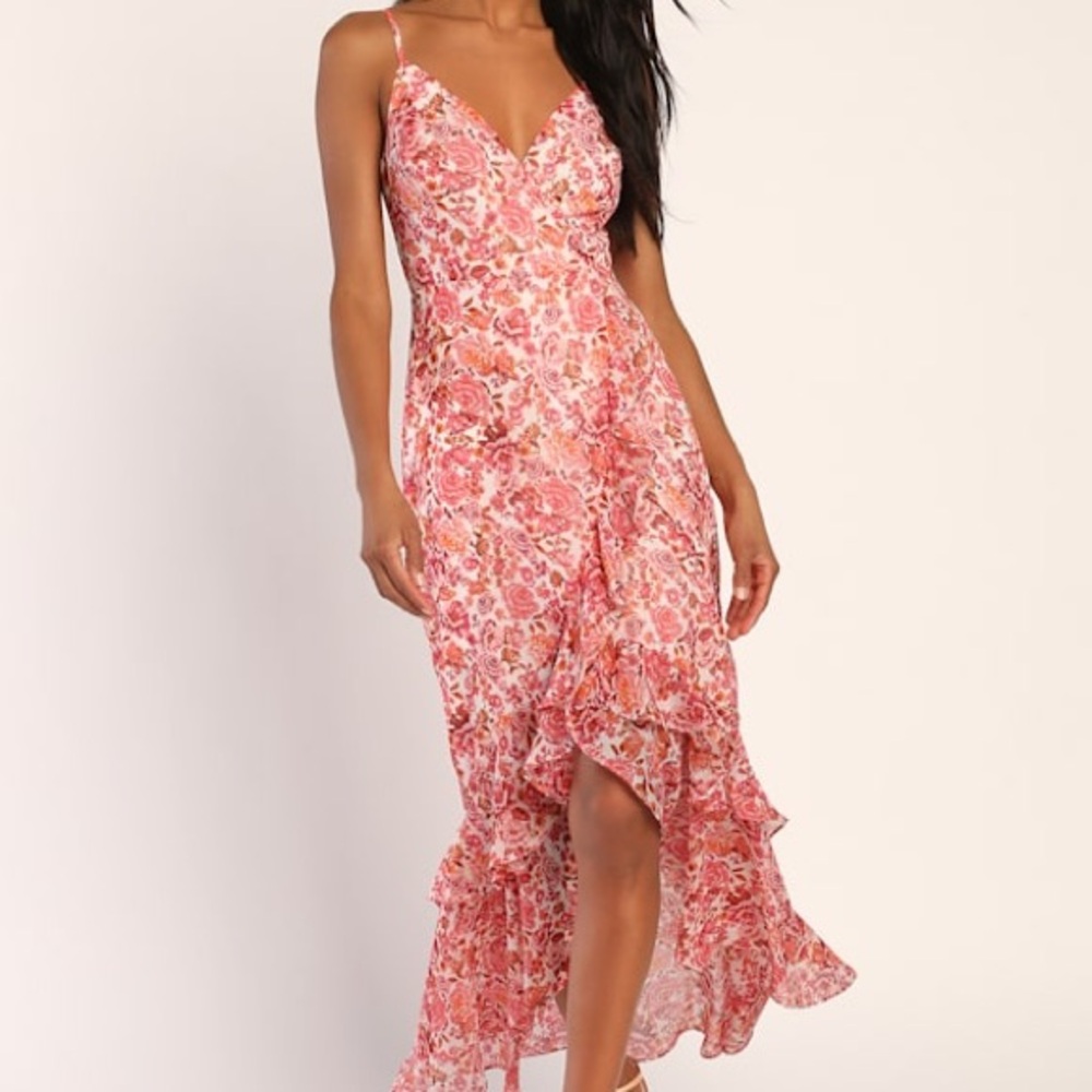 Lulus Always Enchanting Pink Floral Metallic Ruffled High-Low Dress